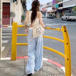COD蓝白格子裤子女夏季薄2025新款小个子高腰垂感休闲遛弯拖地阔腿裤2026新品