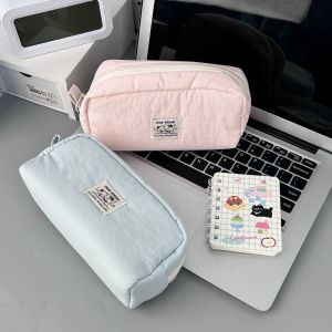 JAYNEBIO Solid Color Pen Bag Canvas Large Capacity Pencil Case Cute Cartoon Pencil Pouch Students