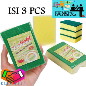 Klik-Beli (ISI 3 PCS) Spons Busa Cuci Piring Sanlight Sponge Halus Kasar 2 Sisi Spon Bantal Dapur Sikat Gosok Kuning Hijau Satuan