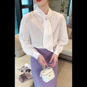 AMMIN 2025 Autumn New Simple Stand Collar with Beaded Ribbon Design Long Sleeve Cotton Casual White Shirt for Women Korean Style Elegant Blouse