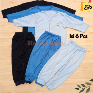 Paket 6Pcs Setelan Baju Bayi Baru Lahir Lengan Panjang Polos Warna Dongker Biru Muda dan Biru Langit- JL Baby