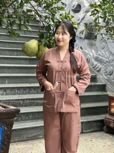 Đồ lam đi chùa nữ chất vải lụa kate hàn 5 cúc đũa tay dài Thiên Di - Pháp phục đi chùa nữ cao cấp dành cho phật tử D22
