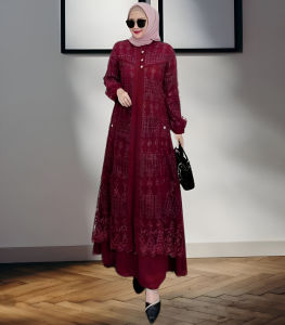 Gamis Lebaran Jumbo Viral Hayya Dres Ceruty Babydoll Mix Brukat M L XL XXL 3XL Dress Brokat Wanita Kondangan Mewah Elegan Busui Friendly Baju Muslim Seragaman Keluarga Warna Maroon Milo Sage Dusty Lavender