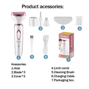 Kemei Body Hair Removal Machine Nose Hair Cutting Armpit Shaver 4in1 Epilator Set For Women KM-6713