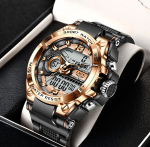 LIGE Dual Time Men Watch Fashion Multi Function Calenda Luminous Digital Wrist Watch