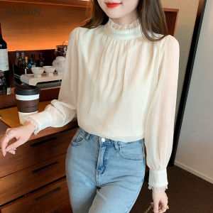 AMMIN 2023 spring new sweet stand-up collar pearl embellished mesh stitching round neck elegant blouse womens Korean style long sleeve puff sleeve sweet chiffon shirt female ins tops