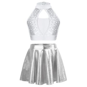 Kids Girls Cheerleading Uniform Outfits Two-Piece Sets Sequin Sleeveless Crop Top with Metallic Skirt Childs Jazz Dance Costume2026