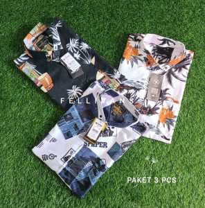 PAKET 4 PCS PALIING MURAH Kemeja Surfing Pria Baju Motif Pantai Merah Putih Hitam Lengan  Pendek Top