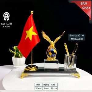 Hộp Đựng Bút Doanh Nhân Đại Bàng VIP có Cờ Chất Liệu Đồng Mạ Vàng và Pha Lê K9 Cao Cấp Hộp Bút Để Bàn Quà Tặng Sếp