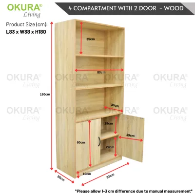OKURA 4 Compartment Multipurpose Bookshelf Cabinet Organizer Storage Wooden Rack Shelf Utility Rak Buku Kabinet Almari