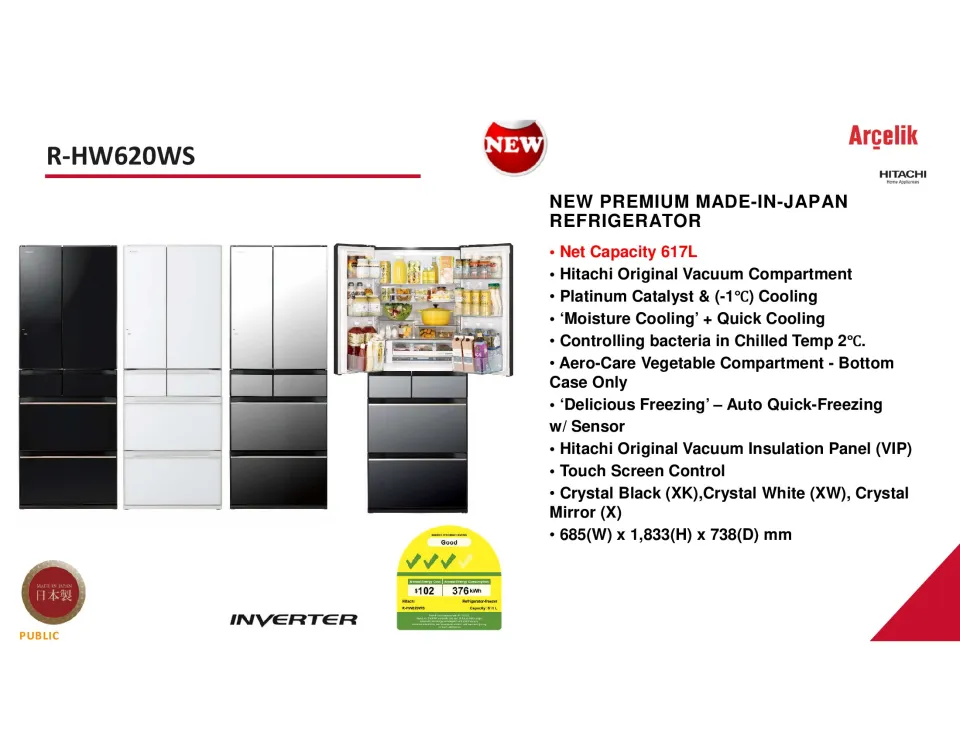 HITACHI R-HW620WS-X 617L 6 DOOR FRIDGE COLOUR: CRYSTAL MIRROR