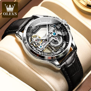 OLEVS Mechanical Watch for Men Trend Skeleton Design Waterproof Leather High Quality Steel Case Full Clear Men Watch