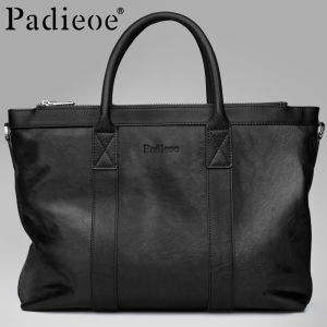 PADIEOE vegetable-tanned top-grain cowhide fashion and high-end handbag simple leather briefcase for business and luxury mens bag black color