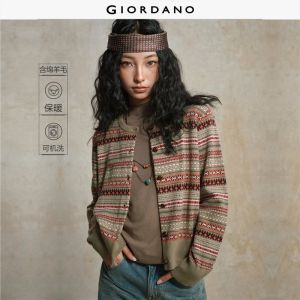 GIORDANO Women Cardigans Contrasting Jacquard Stripe Soft Cardigans Crewneck Button Closure Fashion Casual Cardigans 18355815