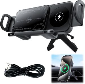 OneNine High Intelligent Mobile Phone/Pad Holder 2 in 1 Auto Rotating Phone Holder Car Charger Fast Charging Phone Holder Rotatable Car Vent Phone Mount for Smartphone/Pad/Foldable(Black)