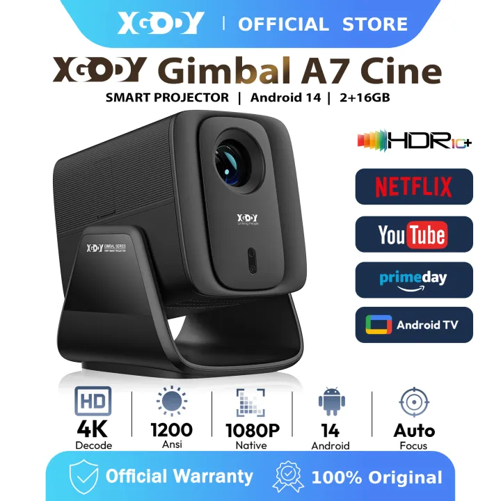 XGODY Gimbal A7 Cine Android 14 2+16GB Native 1080P Full HD Support 8K Decoding HDR10 1200 ANSI Smart Android Projector Portable Auto Focus Home Cinema