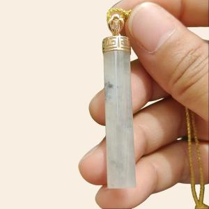 Good Translucent Icy Natural Type-A Jadeite-Jade crafted with shape of cylindrical set with 18k gold clasp as Pendant certificate weighs 6.96 grams measurement 43.8 * 8.1 * 7.1 mm (18kp64)