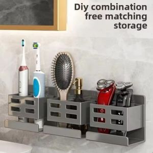 NOBLELUX Wall-mounted Toothbrush Razor Storage Rack Punch-free Space-saving Vanity Shelf Multi-functional Hollow-out Washstand Organizer Bathroom Supplies