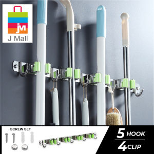 J MALL WALL MOUNTED BROOM MOP HOLDER RACK STORAGE ORHANIZER TOOLS WITH 5HOOKS 4 CLIPS