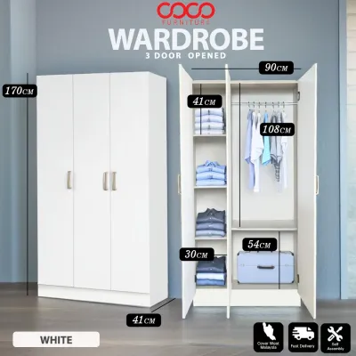 COCO 3 Door wardrobe / 2 Door Wardrobe / affordable Wardrobe Cabinet / Wooden 2-door wardrobe / Space-Saving Wardrobe / Solid wood wardrobe / Storage Cabinet / ready Stock