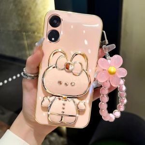 For OPPO A18 A38 A58 A78 A98 A60 A17 A17K A57 A57S A57E A77 A77S Reno 8T High End Cute Bunny Stand Phone Case Chrome Silicone Anti Drop Phone Cover + Bracelet