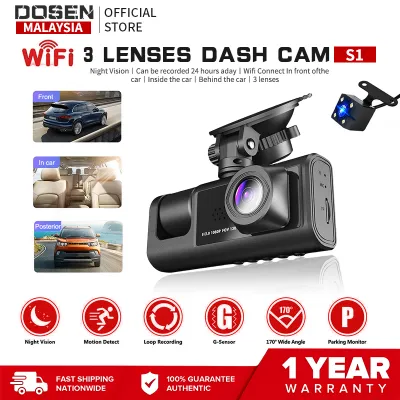 DOSNE Wifi 24 Hours Record 1080P FHD wifi 3 Camera Dashcam for Car Front + Interior + Back / Rear Dash Cam Night Vision Parking Mode Car DVR Driving video Recorder