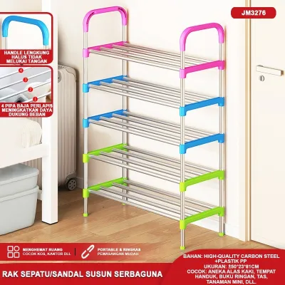 Rak Sepatu Sandal 3 4 5 6 10 Susun Stainless Steel Multifungsi Cover Anti Debu Portable Kuat