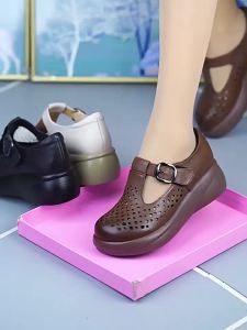 [Free Shipping] One-Strap Thick-Soled 2026 Summer New Style Mid-Heel Hollowed-Out Breathable Height-Increasing WomenS Shoes Mom Shoes Perforated Shoes For Women