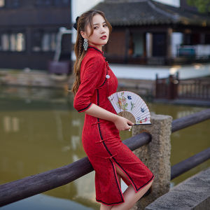 Ready Stock 新年旗袍 CNY Suzhou 3/4 sleeve Lace Maroon Midi Cheongsam 1204-29 蘇州七分袖蕾絲棗紅中長旗袍