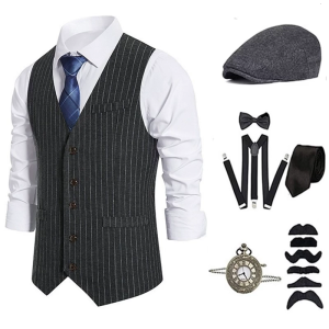 1920s Mens CostumeRoaring 20s Costumes Accessories Set Vest Hat Pocket Watch Tie Suspenders Halloween Cosplay Costume