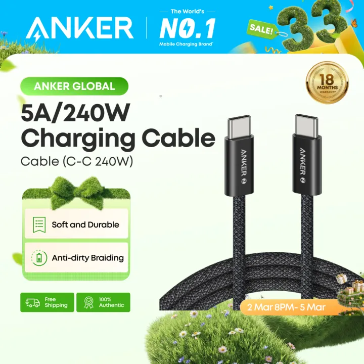 Anker Zolo PD 240W USB C to USB C Cable Braided and Dirt-Free Type C Fast Charging Cable, Slim Connector for iPhone 16 Pro Max 15 Series MacBook A8060