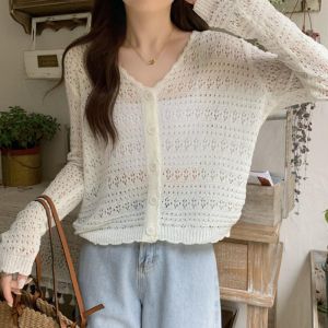 WENYOU V-Neck Knitted Cardigan Thin Hollow Out Outwear Fashion Long Sleeve Sun-Proof Tops Women