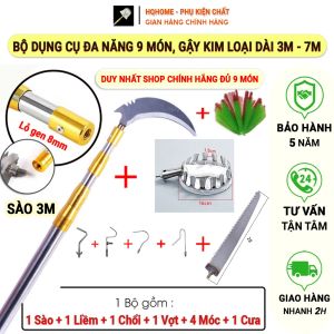 Bộ Dụng Cụ Gậy Sào Dài Tới 7M Gồm 9 món Tiện Lợi: Sào Khóa Vàng Vợt Quả Cưa Liềm Cắt Cành 4 Móc Chổi Quét Mạng Nhện