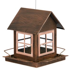 OUTOPEN House Shape Bird Feeder Large Capacity Hanging Bird Food Bowl Pet Supplies Metal Parrot Feeding Station Outdoor