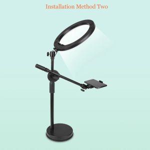Monopod Mount Bracket with LED Ring Flash Light Lamp Tabletop Stand Tripods with Mobile Phone Holder Overhead shot