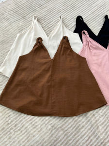 4 màu Vai xoắn Chất linen Áo cổ V cộc tay form rộng đơn giản tinh tế thanh lịch dễ thương CATRI TOP
