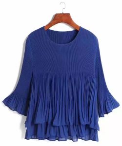 Women Tweed Pleated Small Crop Tops Lotus Leaf Tower Loose Cover Belly Temperament 60809