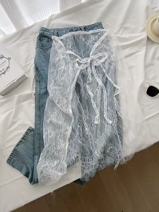 Women Summer Korean Eyelash Lace Layering Long Skirt Hip Scarf with Tie Up Vintage Flower Lace Hip Covering Apron Skirts