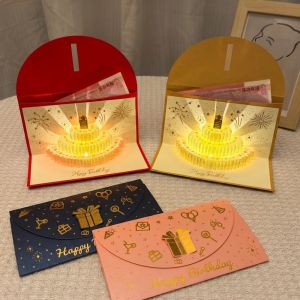 NOBLELYN Foldable Birthday Red Envelope Greeting Card 3D Pop-Up Can Hold 1-20 Cash Musical Light Greeting Card Gold Years Money Red Envelope Surprise Gift