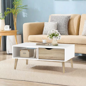 Panelbond Modern Coffee Table with Solid Wood Legs 3.2ft Living Room Open Storage Side Table TV Stand with Drawers Solid Wood