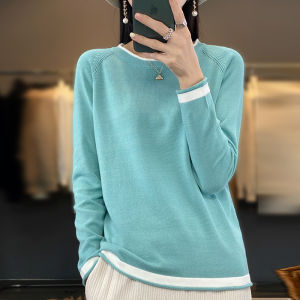 100% Cotton Knitwear Womens Round Neck Sweater Spring And Summer New Loose Color Matching Cotton And Linen Bottoming Shirt2026