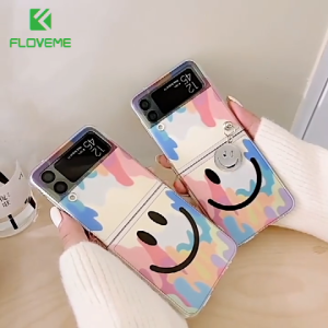 FLOVEME Cute Watercolor Smile Phone Case For Samsung Galaxy Z Flip 3 5G With Pendant Protective Folding Hard PC Clear Shockproof Back Cover For Galaxy Z Flip 3