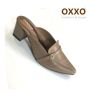 OXXOรองเท้าส้นสูงแฟชั่น รองเท้าหัวแหลมเปิดหลังเท้า ประดับด้วยอะไหล่หัวเข็มขัดเล็ก FF3055 หนังนิ่ม ใส่สบาย