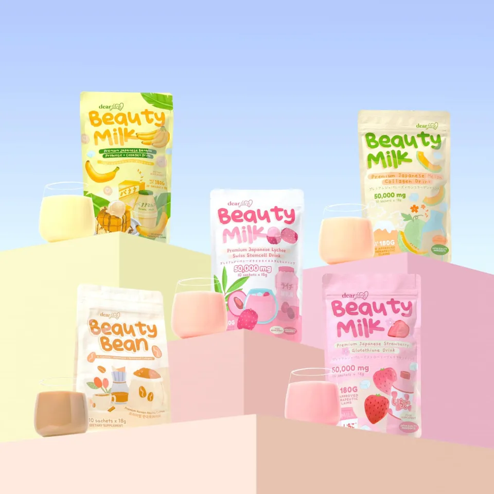 Dear Face Beauty Milk Premium Japanese Melon/Strawberry Collagen Drink 10  Sachets FDA Approved 180g
