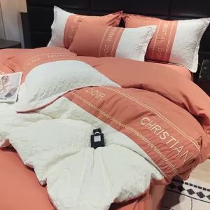 Light Luxury Hotel Washed Cotton Four-Piece Set Embroidered Duvet Cover Solid Color Bed Sheet Four-Piece Set Fitted Sheet Style Four Seasons Brushed Cotton Bedding LZD