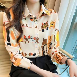 Tianshun New Chiffon Top Korean Fashion Cat Dog Print Long Sleeve Shirt Womens Summer OL Work Casual Shirt