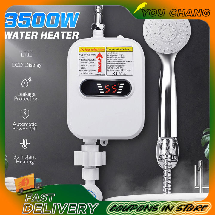 TaNeHaKi Doorstroomboiler, elektrische boiler voor badkamer, douche, warmwaterboiler, mini-instant boiler met douchekop, 3500 W, 220 V
