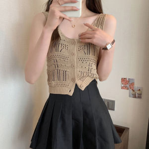 V-neck Knitted Short-sleeved T-shirt Womens Hollow Thin All-match Gentle Short Top