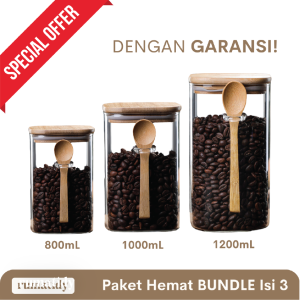(FULLSET) KEMI Toples Kaca FREE SENDOK KAYU dengan Tutup Kayu Kedap Udara Toples Makanan Tempat Penyimpanan Cereal Toples Kotak Bening Kontainer Makanan