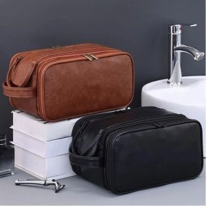PLLEWY Multi Pockets PU Toiletry Bag PU Leather Large Capacity Washing Organizer Bag Portable Waterproof Hanging Bag Travel